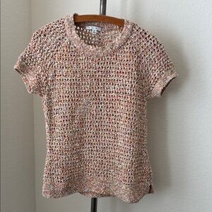 CAbi Multicolor Knit Short Sleeve Top Coastal Boho Beach Crochet